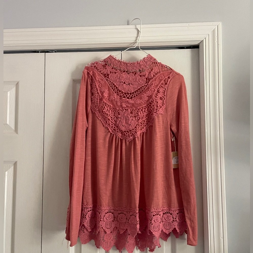 NWT Long Sleeve Pink Crochet Top
